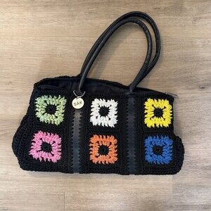 The Sak Black Crochet Clutch with Multicolor Squares